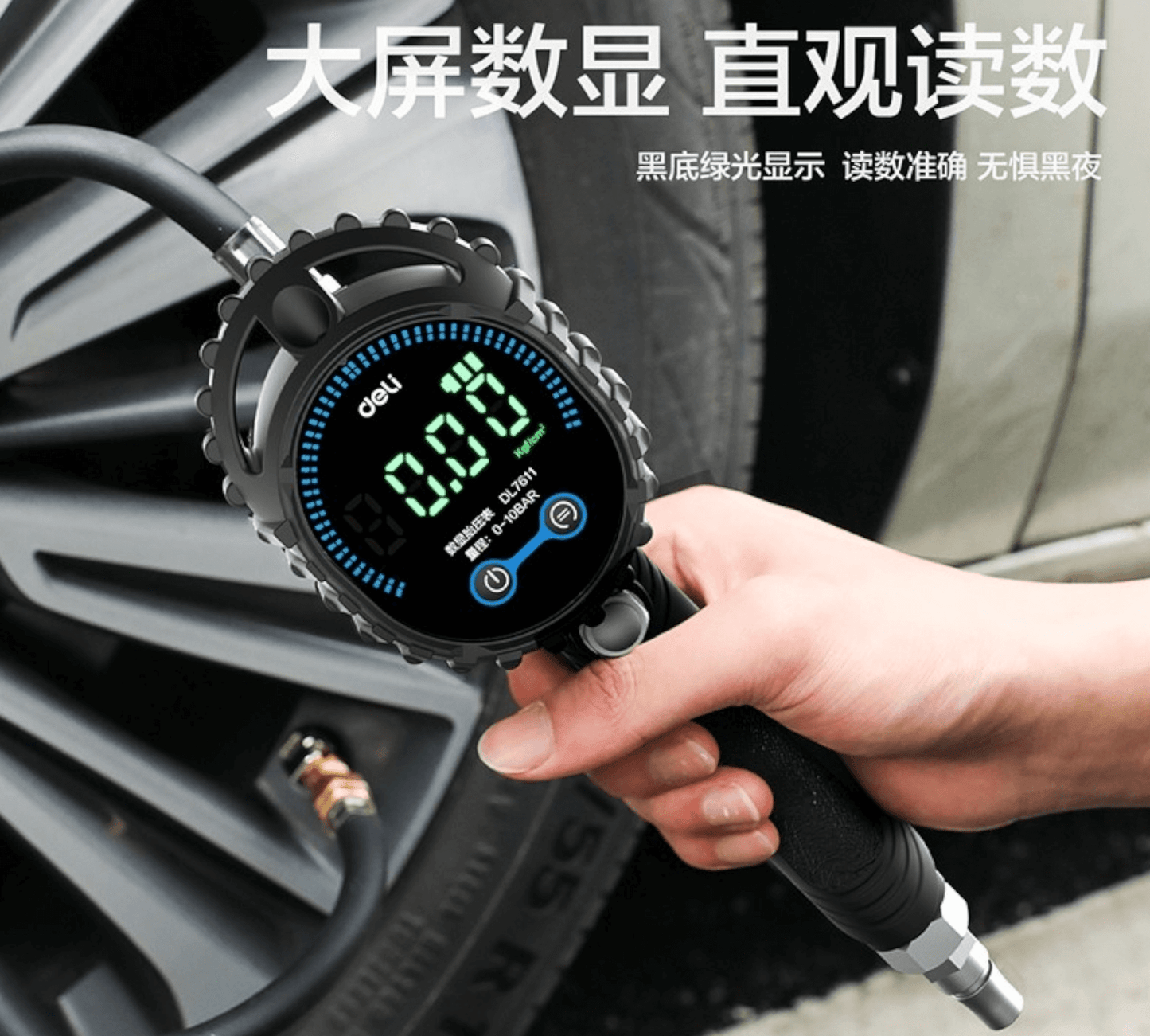 Using DL7611 Digital Display Tire Pressure Gauge 0.5-10BAR (DELI) on a car tire, displaying pressure on bright LCD screen.