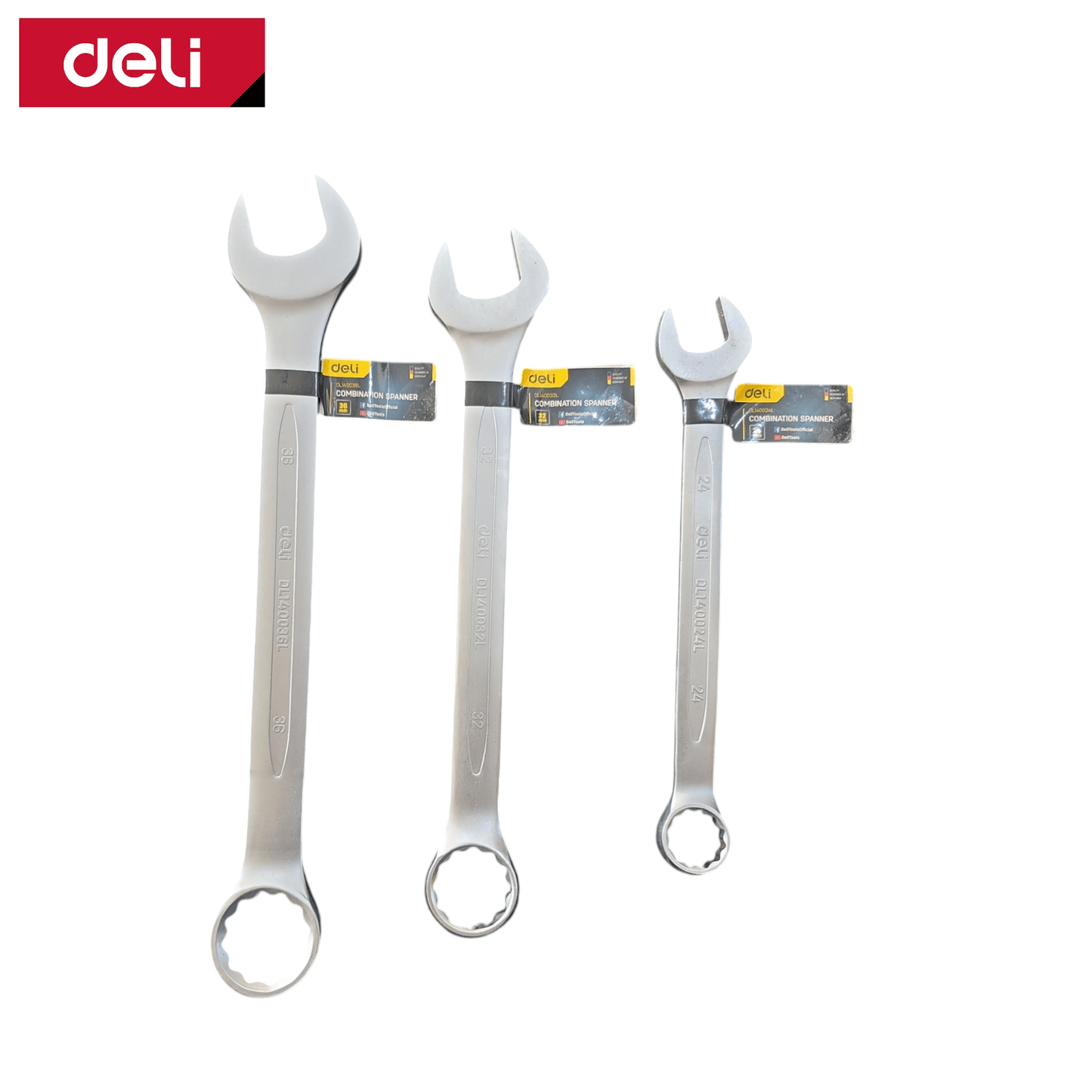 Combination Spanners (DELI) in various sizes, made from chrome vanadium steel, ideal for mechanics and DIY enthusiasts.