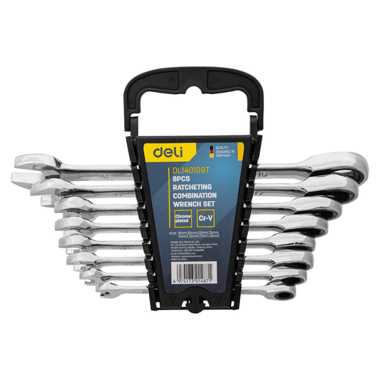 EDL140108T 8 Pcs Ratchet Dual-Use Spanner Set (DELI) displayed in a black holder, showcasing chrome vanadium steel construction for durability.