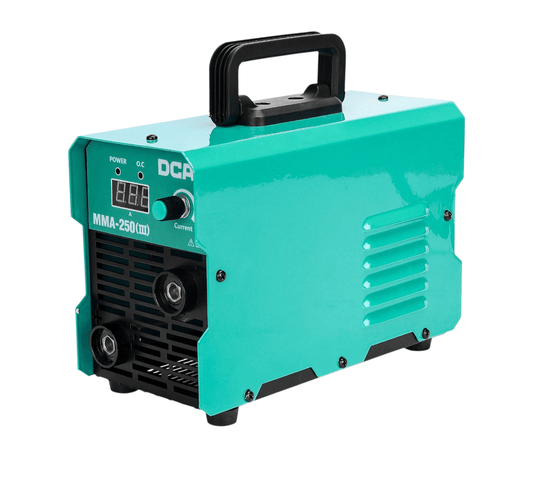 MMA250(Ⅲ) Welding Machine (DCA) - compact and efficient inverter welder for professional and industrial tasks, teal color with display panel.