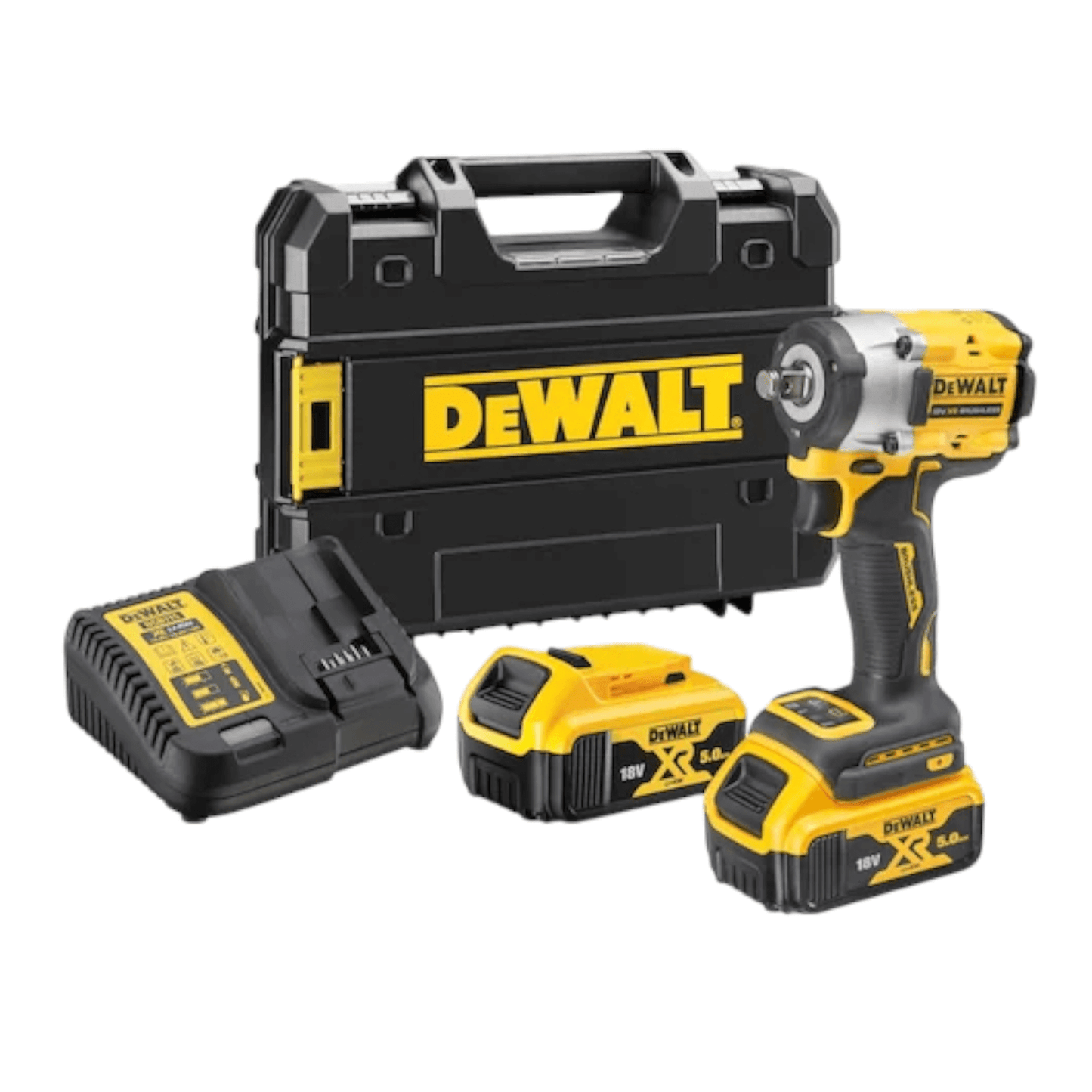 DCF921P2T-GB 18V XR Brushless 1/2″Compact Impact Wrench (DEWALT) with case, charger, and two batteries