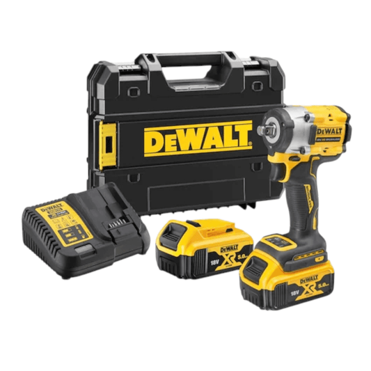 DCF921P2T-GB 18V XR Brushless 1/2″Compact Impact Wrench (DEWALT) with case, charger, and two batteries