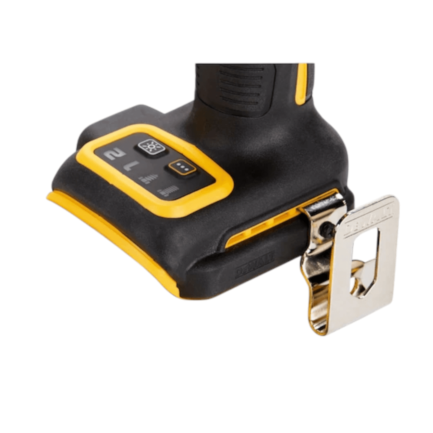 DCF921P2T-GB 18V XR Brushless 1/2″Compact Impact Wrench (DEWALT) base close-up showing power controls and belt hook