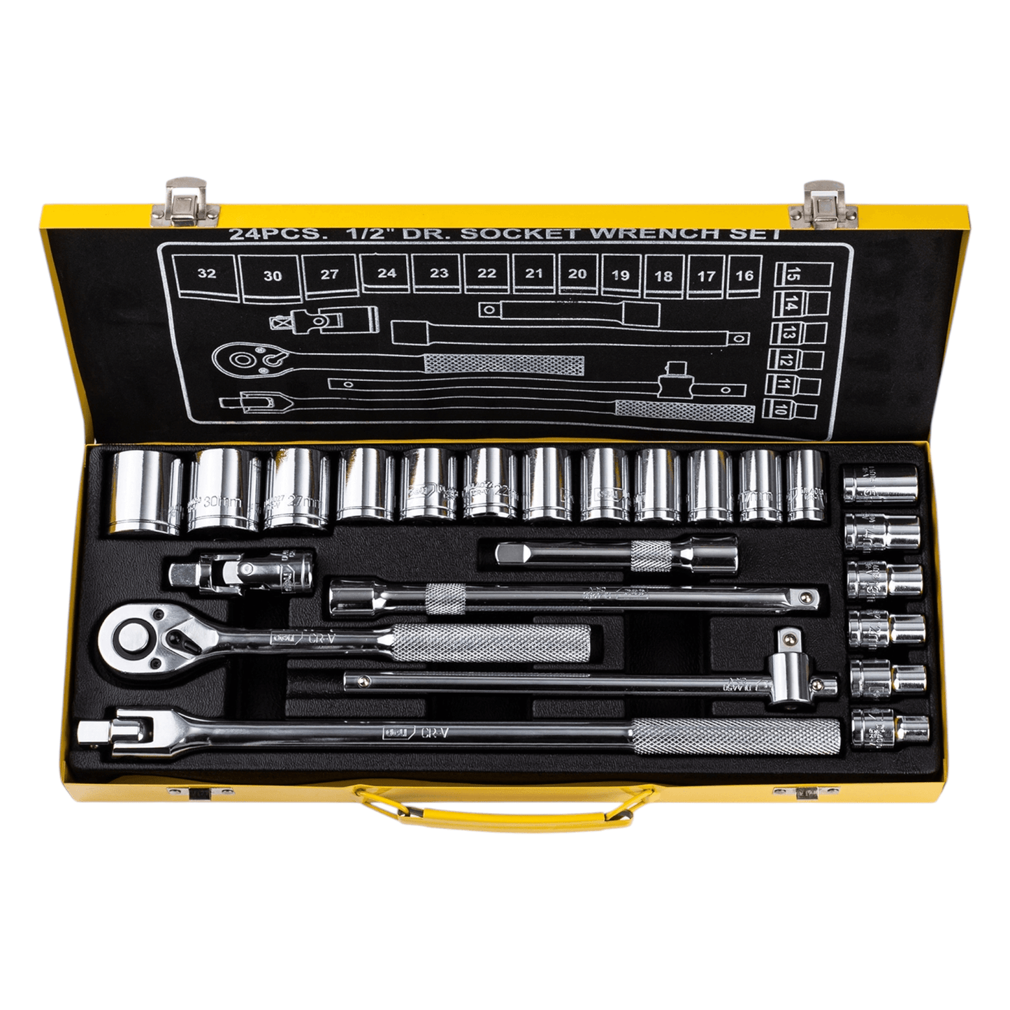 EDL2024T 1/2” 24Pcs Socket Set Cr-v (DELI) in a yellow case, featuring chrome-vanadium steel sockets for professional use.
