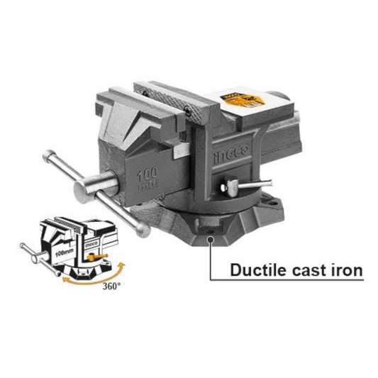 HBV086 Industrial Bench Vice 6″(INGCO) heavy-duty tool with ductile cast iron construction and 360-degree rotation capabilities.