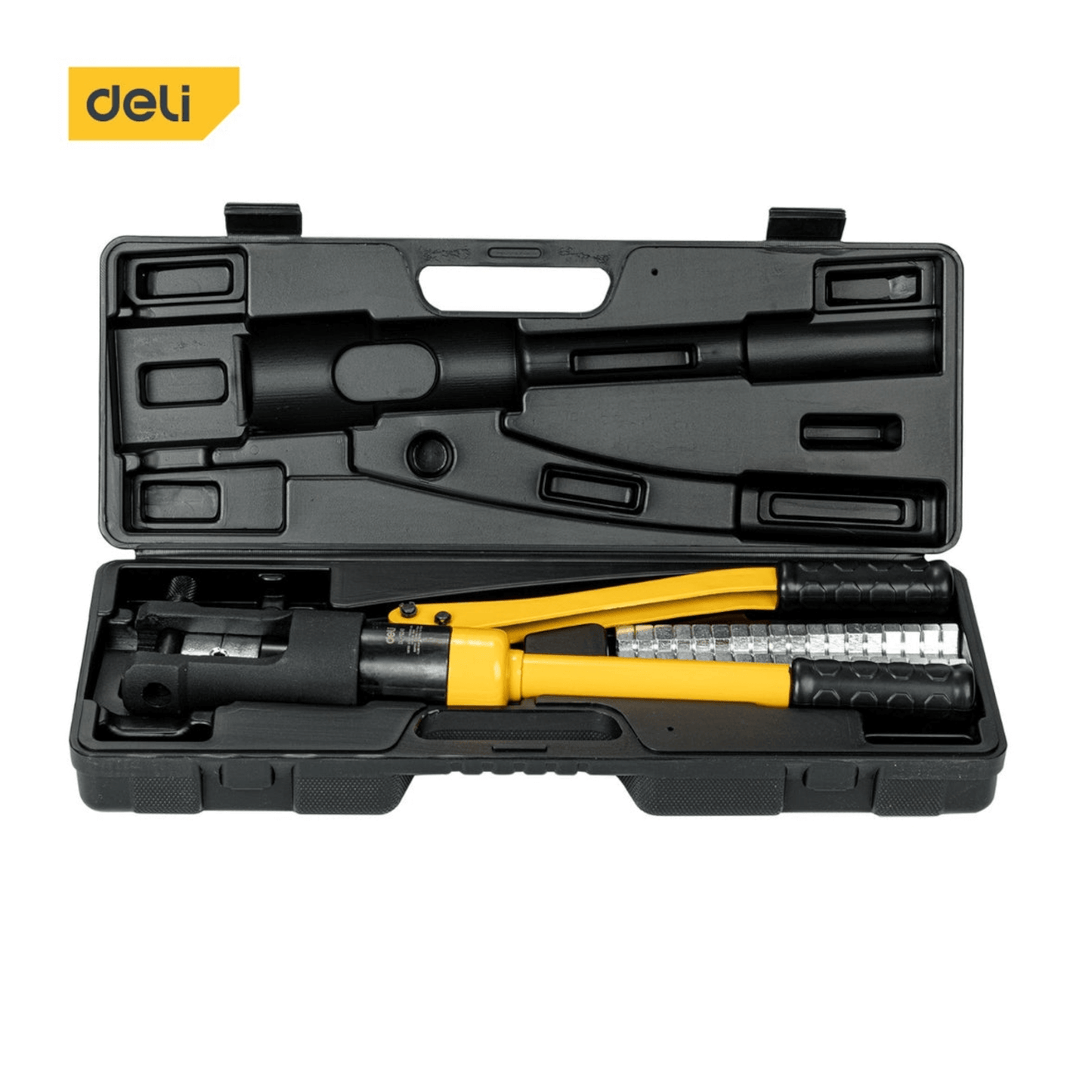 DL-YQ120 Hydraulic Crimping Plier 10-120mm (DELI) in a carrying case for precision and reliability in electrical and industrial crimping.