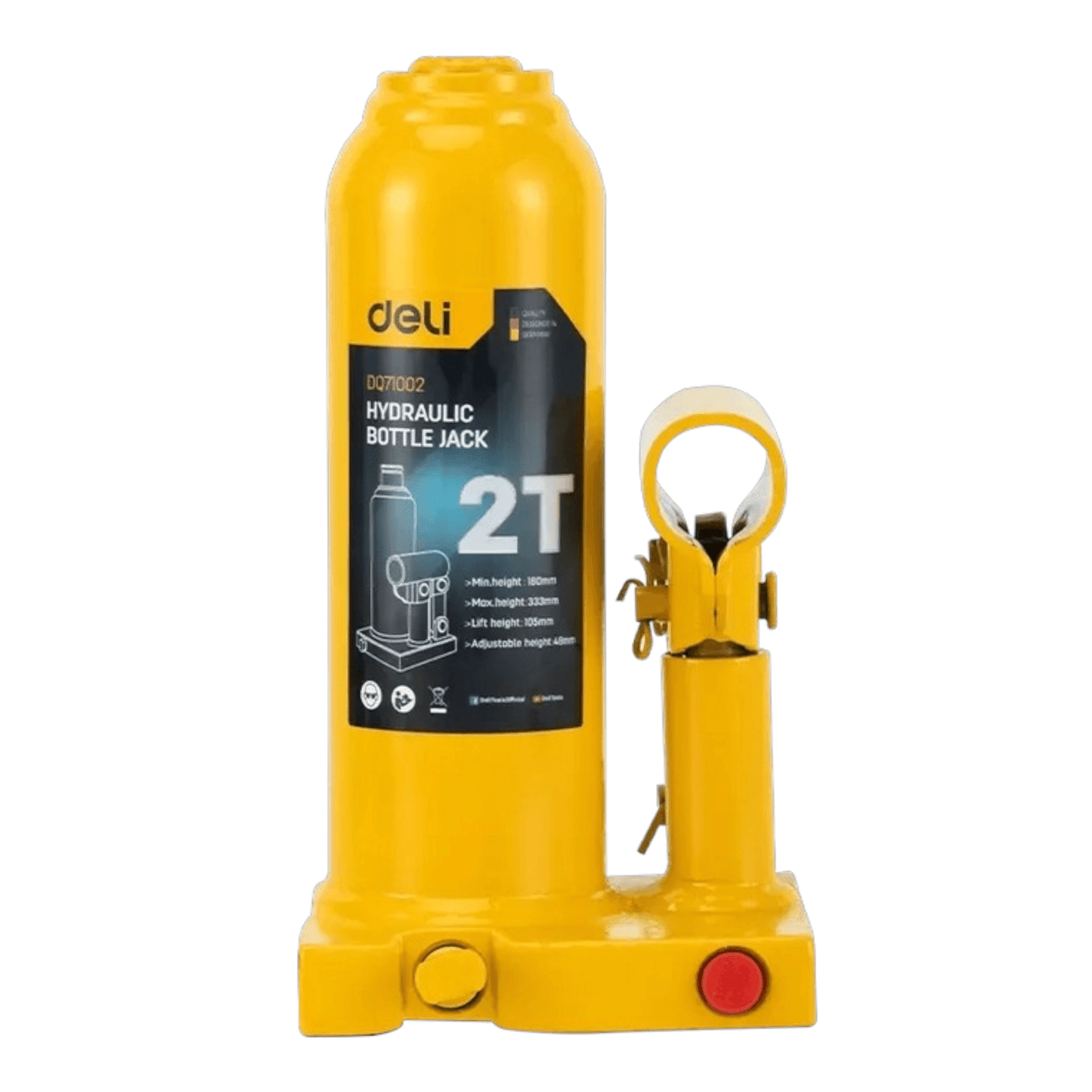 EDQ71002 2T Hydraulic Bottle Jack (DELI) yellow lifting tool for automotive and workshop use.