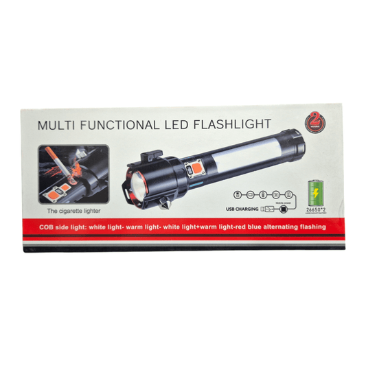 Packaging of The Cigarette Lighter Multi Functional LED Flashlight showcasing its features.
