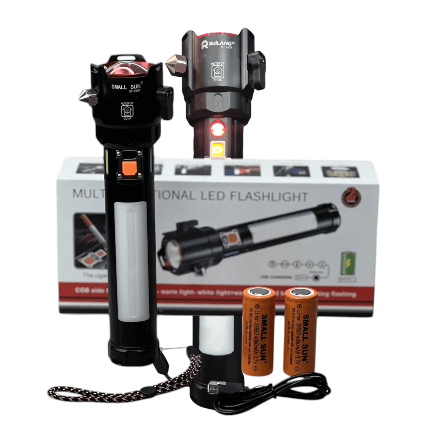 The Cigarette Lighter Multi Functional LED Flashlight with batteries and packaging