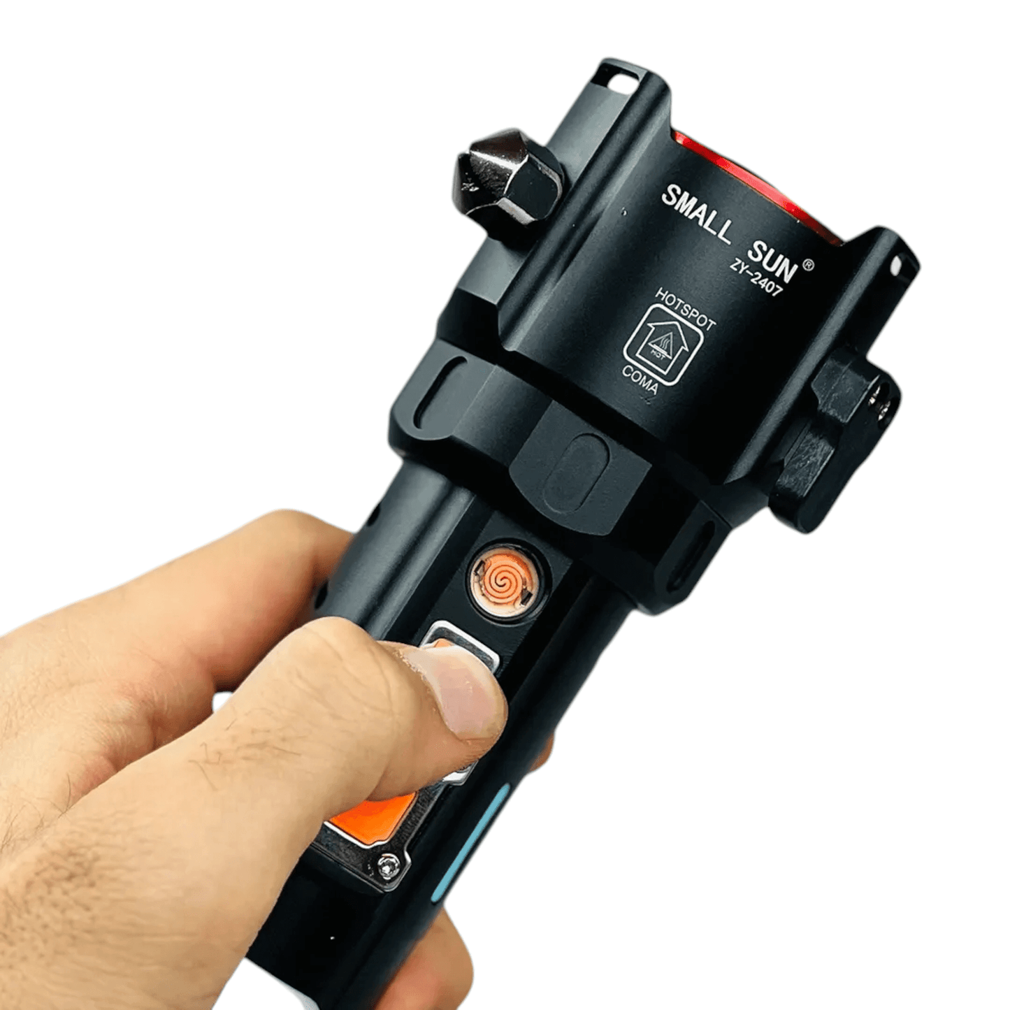 Hand holding The Cigarette Lighter Multi Functional LED Flashlight, showcasing its multi-functional design for outdoor use.