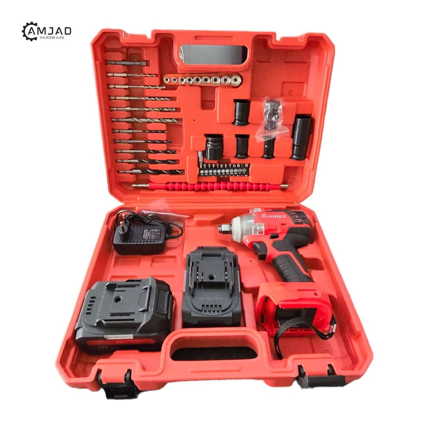 Cordless Brushless Impact Wrench Kit Set(sared) in a red carrying case with tools and accessories displayed.