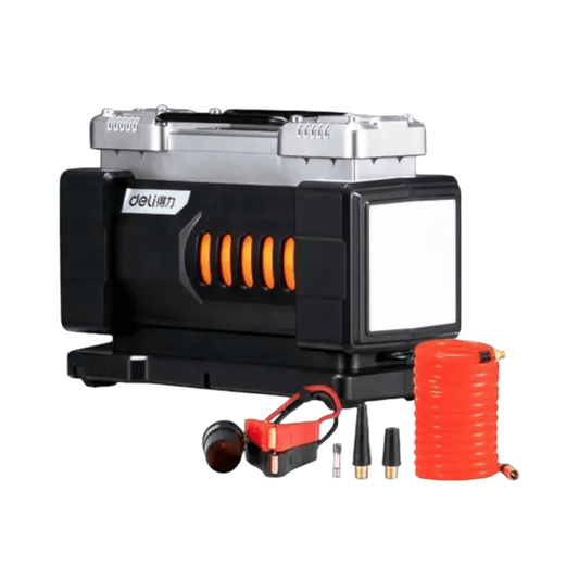 DL-TK-A1S Digital Air Compressor Pump 12V (DELI) with accessories for efficient inflation and digital control.