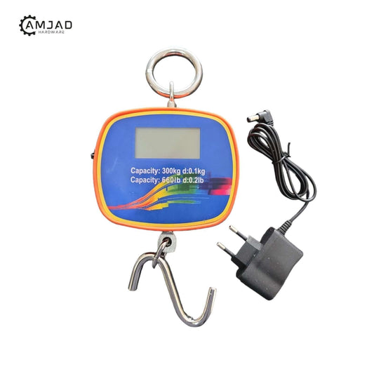 Double Sided Handing Scale 300KG/600LB displaying weight capacity with a durable hook and charging cable.