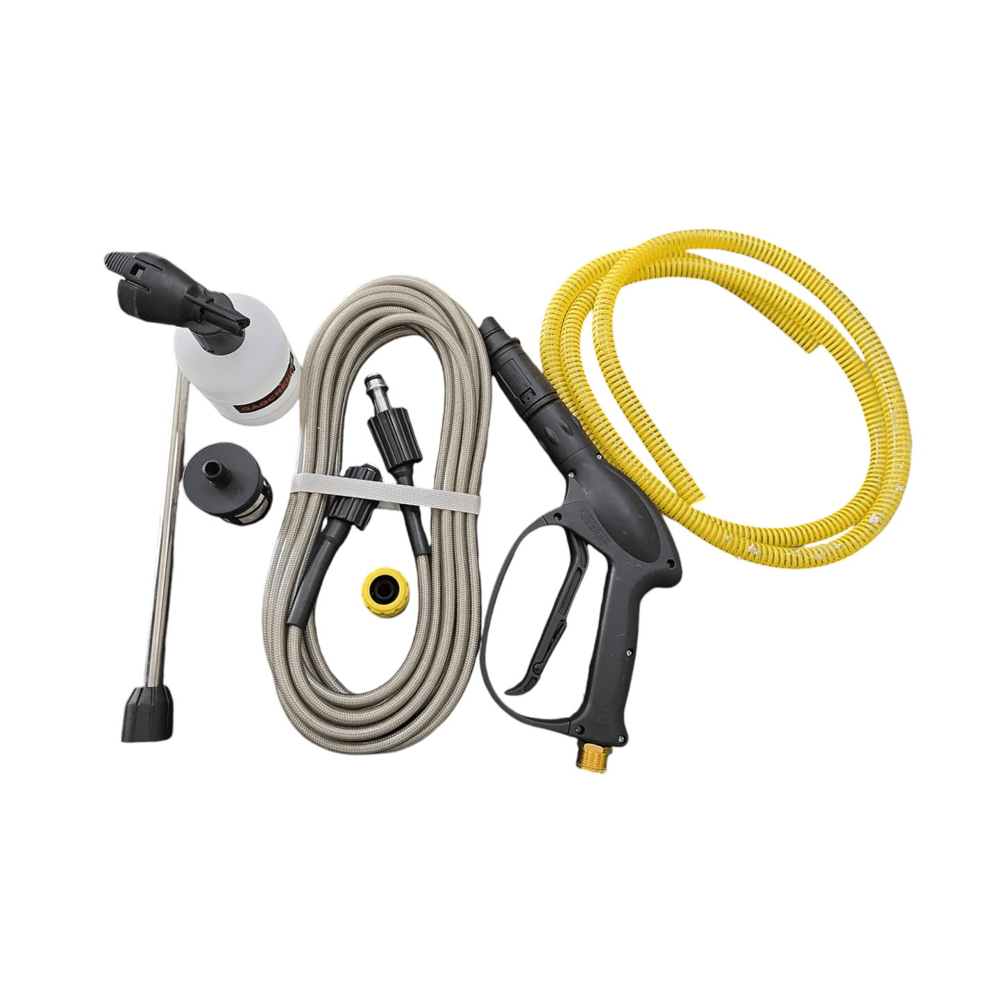 Components of CAR WASHER 2700watt 150bar GC-CW170 (GAOCHENG) including hose and nozzles.
