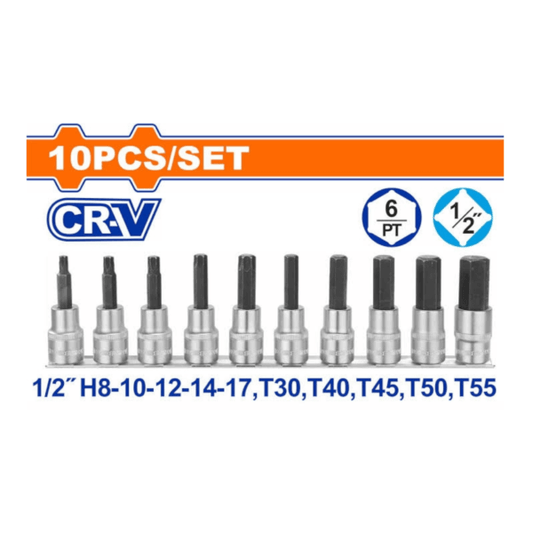 WADFOW 10 Pcs 1/2″ Bit socket set (WST1412) showcasing all pieces on display with CR-V labels and specifications.