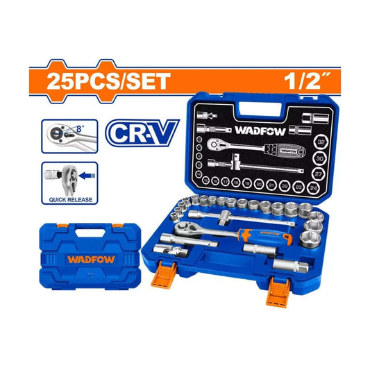 25 PCS SOCKET SET 1/2″ WST2D25 (WADFOW) - Complete professional-grade tool kit for automotive repair and home maintenance in blue case.