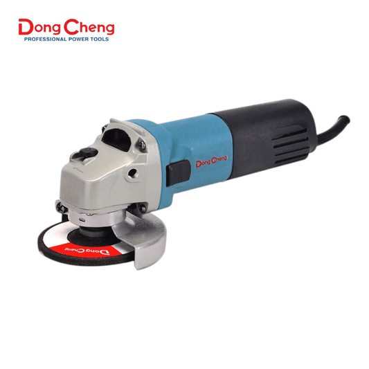 DSM03-100A ANGLE GRINDER 4” (DONGCHENG) for cutting, grinding, and polishing metal and wood with spindle lock and slide switch features.