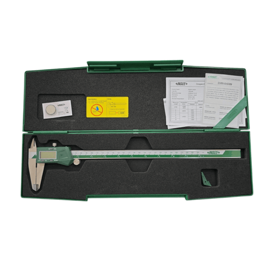 Digital Vernier Caliper 0-300mm/0-12" (INSIZE) in a protective storage case, showcasing its professional-grade measurement capabilities.