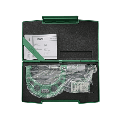 3203-75A Outside Micrometer 50-75×0.01mm (INSIZE) in protective green case, ideal for precision measurement in engineering and machining.