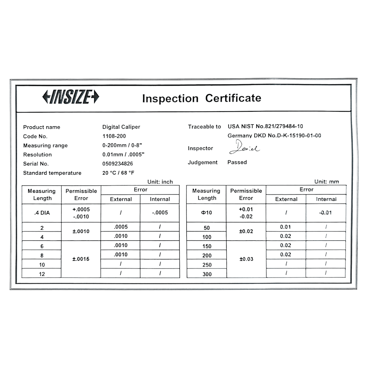 Inspection certificate for 1108-200 Digital Vernier Caliper 0-200mm/0-8″ (INSIZE) showing measurement accuracy and technical details.