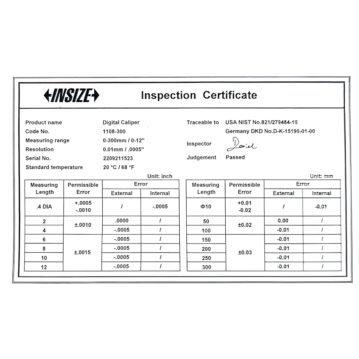 Digital Vernier Caliper 0-300mm/0-12" (INSIZE) inspection certificate showing precision measurements and calibration details.