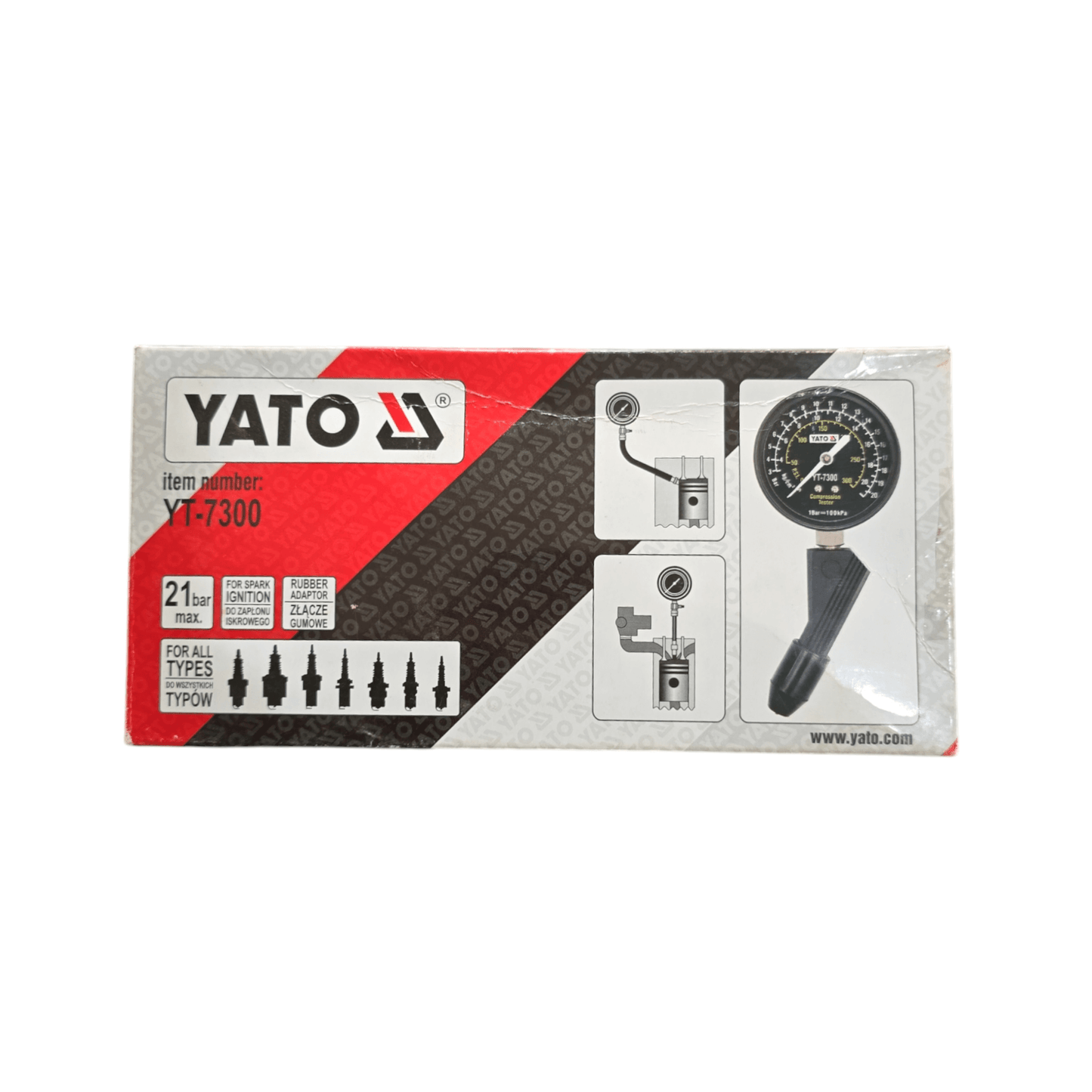 Box of YT-7300 Compression Tester (YATO) showing packaging and pressure gauge for automotive diagnostics.