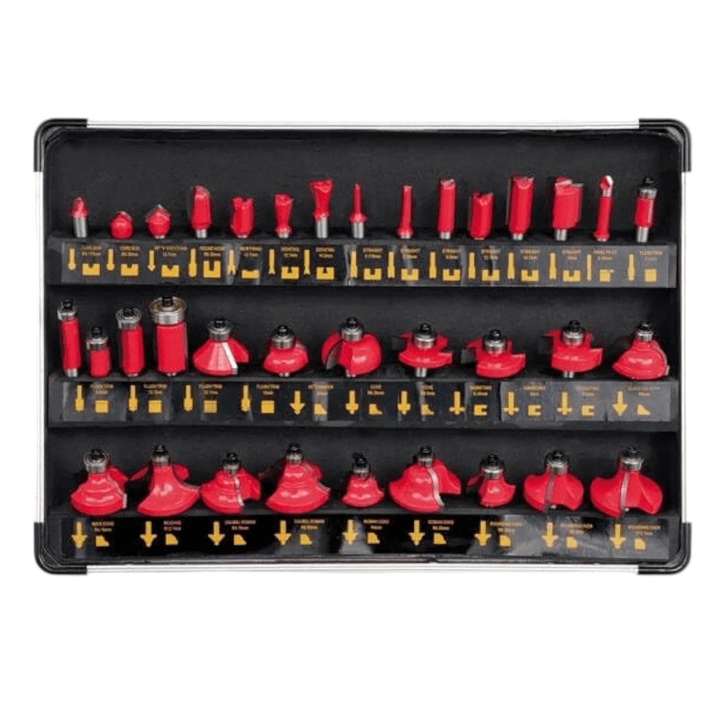 YT-6803 35 Pcs 8mm Wood Router Bit Set with Aluminum Case (YATO) - Includes variety of bits for professional woodworking in Pakistan.