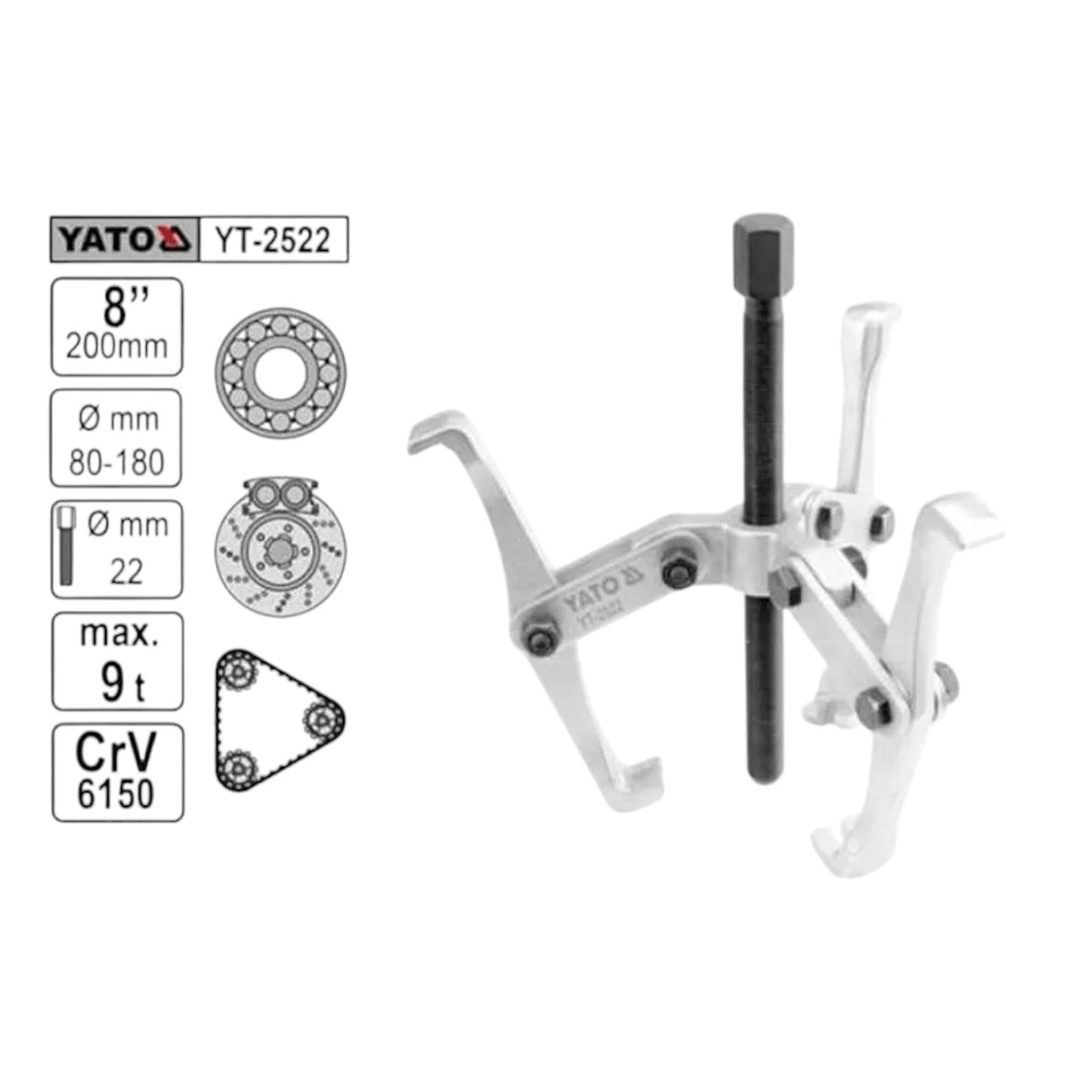 YT-2522 Bearing Puller 8″(YATO) with adjustable arms for removing bearings and gears