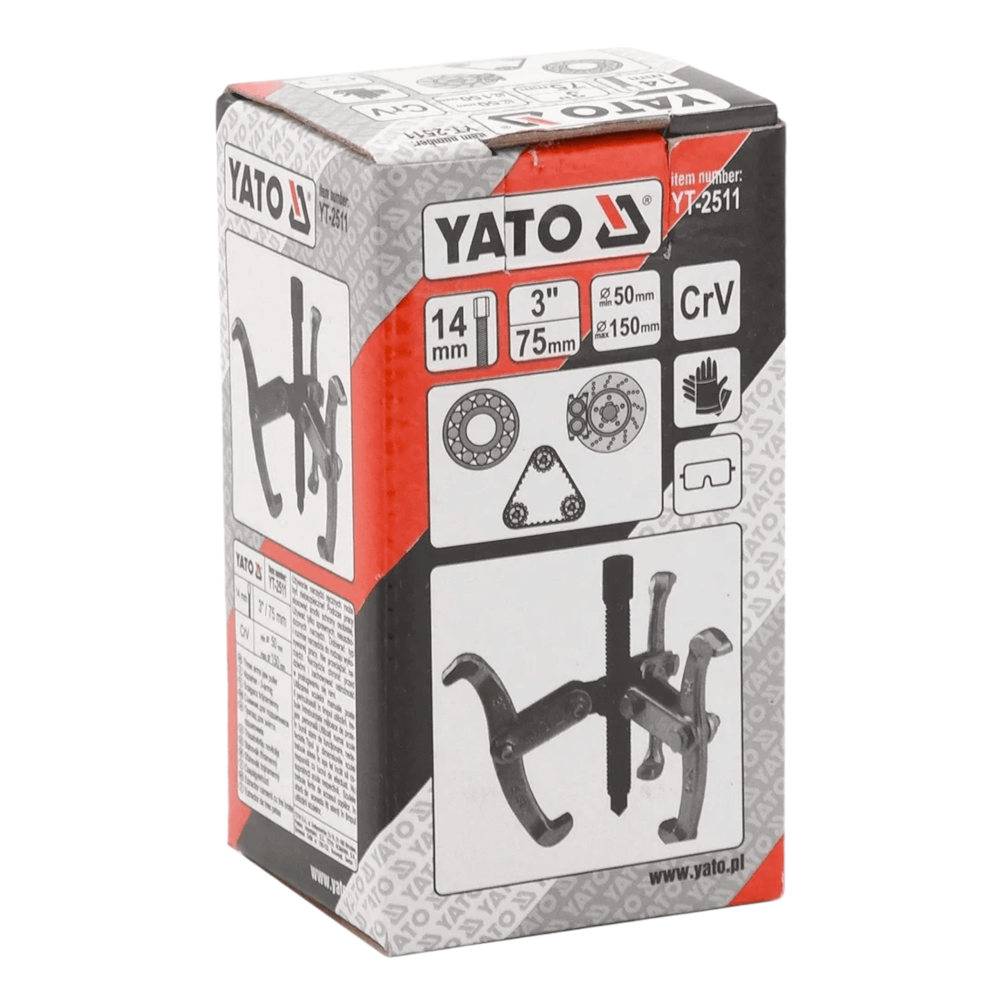 Product packaging for YT-2511 Bearing Puller 3″ (YATO), designed for mechanics and DIY users, featuring tool specifications and brand details.