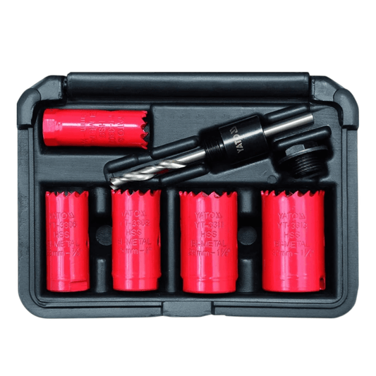 YT-3382 Automotive Hole Saw Kit (YATO) in durable case with multiple red hole saws and accessories for precision cutting.