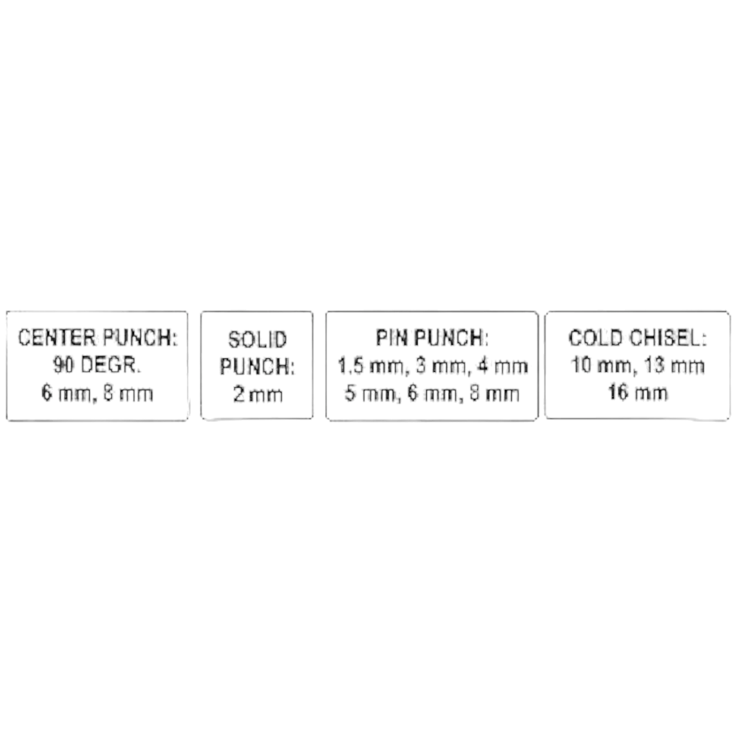 Sizes and types in the YT-4714 Professional Chisel and Punch Set (YATO) including center, solid, pin punches, and cold chisels.