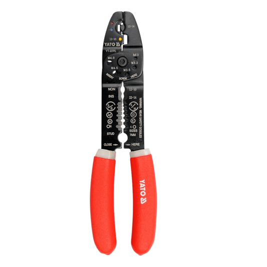 YT-2295 Wire Stripper 7″ (YATO) for precision stripping, durable tool for electricians and hobbyists, with ergonomic red handles.