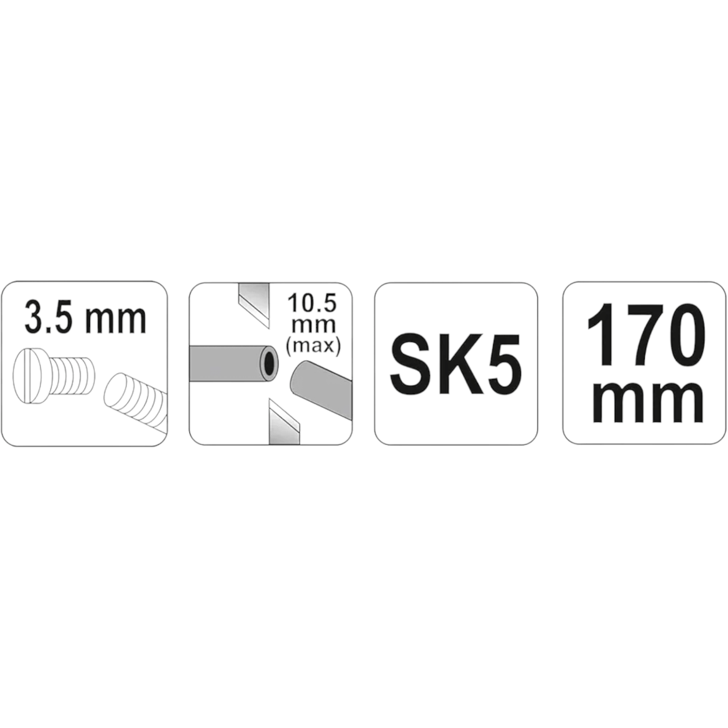 Icons showing specifications: 3.5mm screws, 10.5mm maximum blade, SK5 steel, and 170mm length.