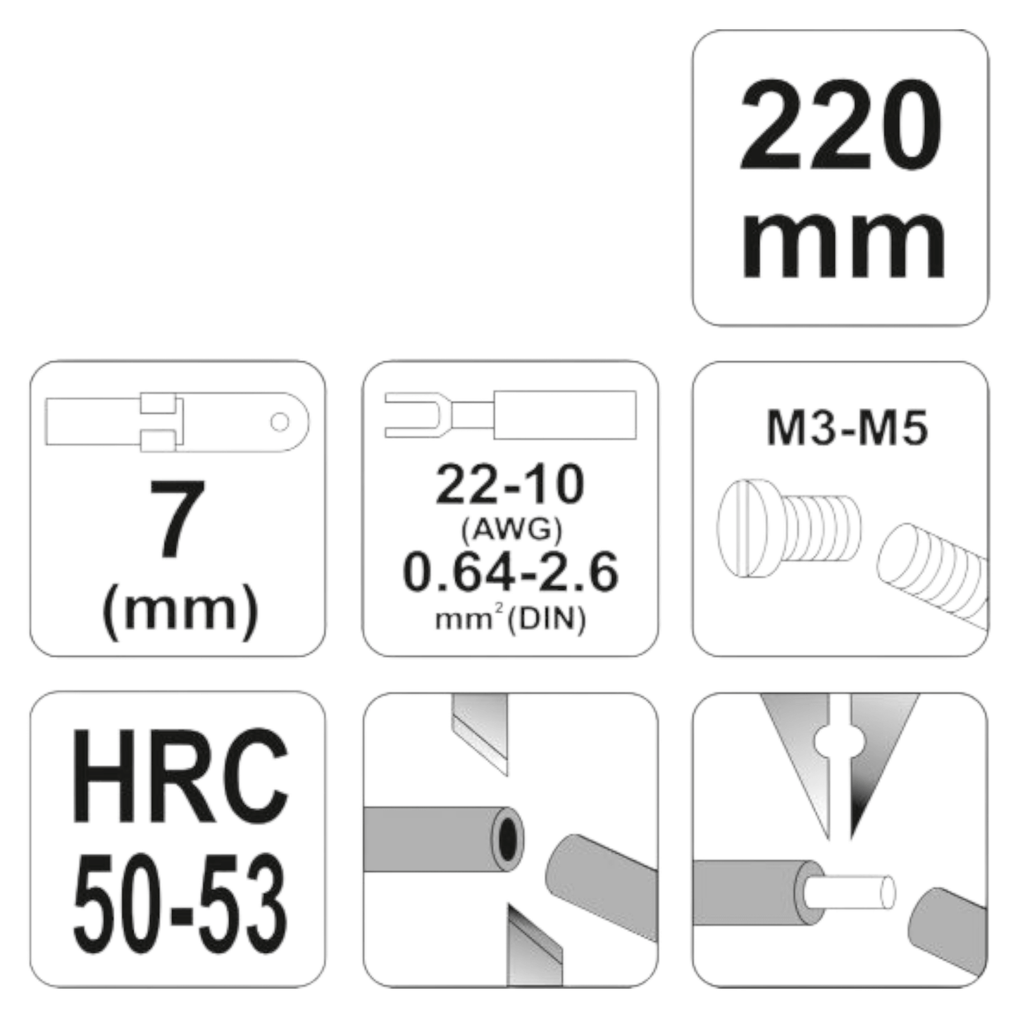 Diagram illustrating features of the YT-2295 Wire Stripper 7″ (YATO), including measurements and application specifications.