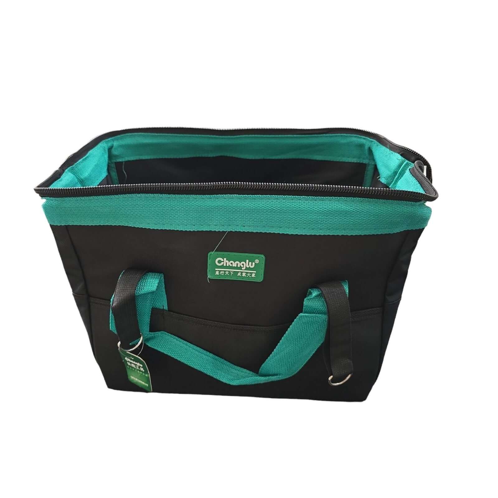 TOOL BAG 16″ CL704652 (CHANGLU) showcasing durable, heavy-duty design with dual handles and green accents for professional use.