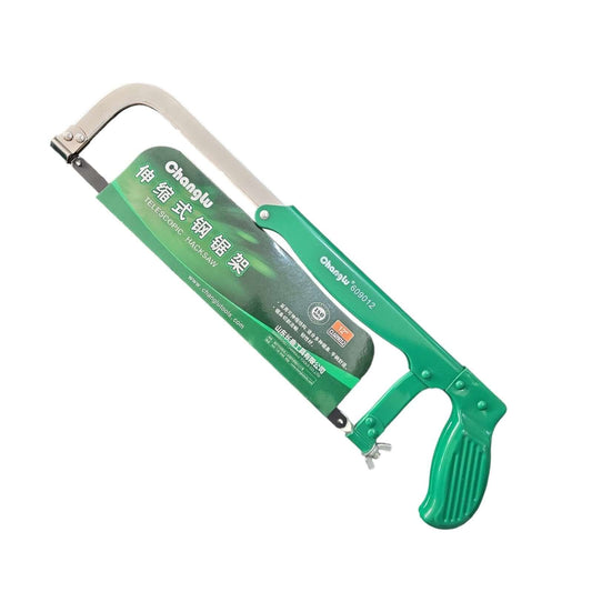 TELESCOPIC HACKSAW 12″ CL609012 (CHANGLU) with green handle and blade cover, ideal for professional and DIY cutting tasks.