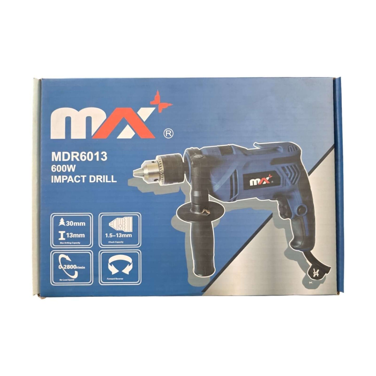 Max 13mm Impact Electric Drill (MDR6013) packaging showing features and specifications.