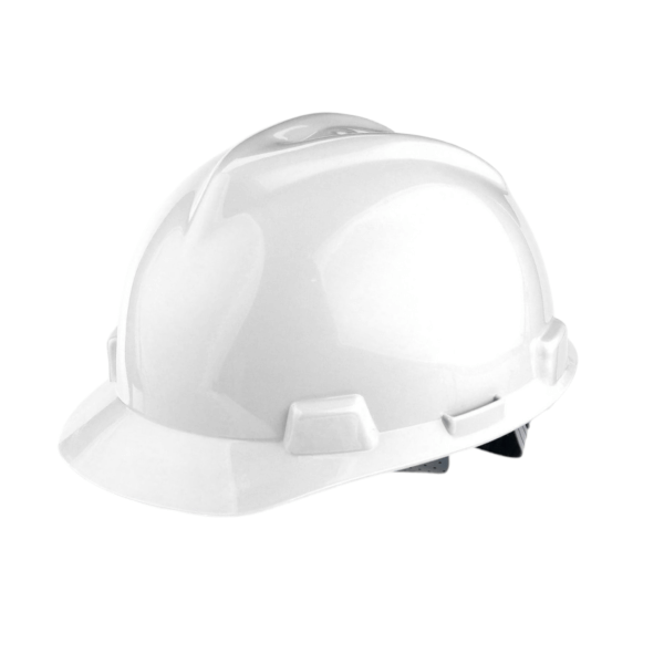 MSA V-Gard White Safety Helmet made from renewable green HDPE for construction and industry professionals.