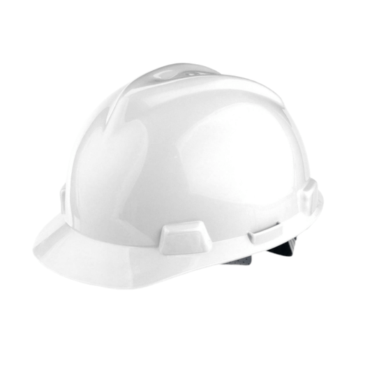 MSA V-Gard White Safety Helmet made from renewable green HDPE for construction and industry professionals.