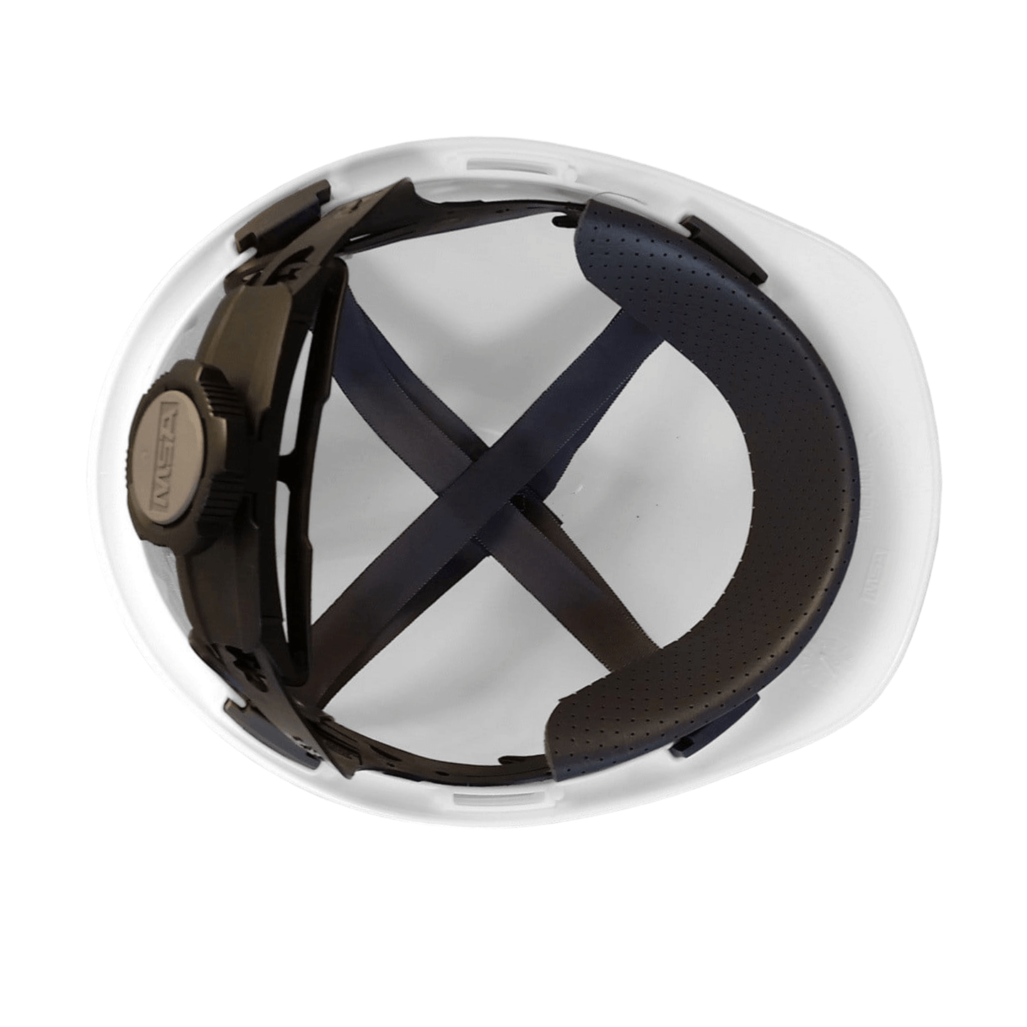 Interior view of MSA V-Gard White Safety Helmet showing adjustable head harness.