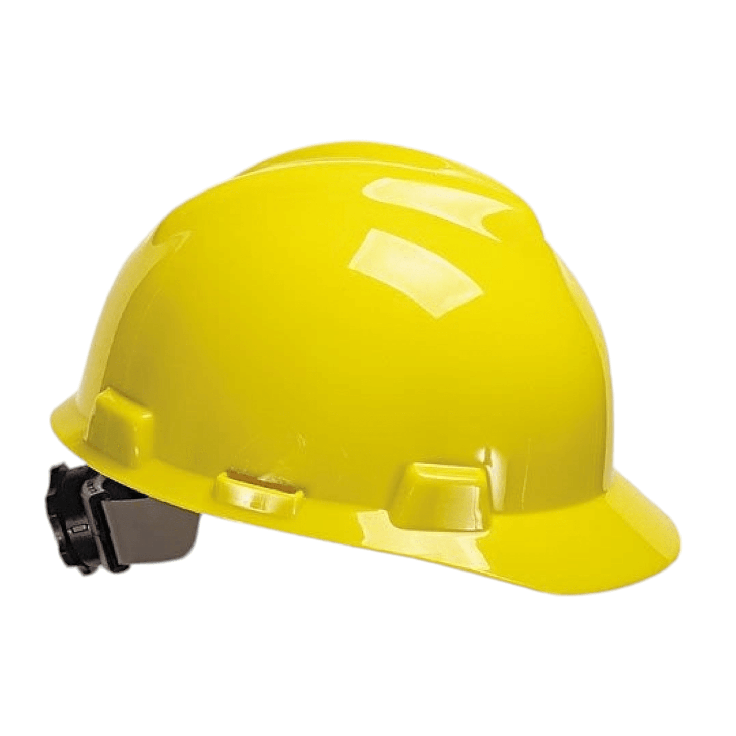 Yellow safety helmet with adjustable strap for construction and industrial use.
