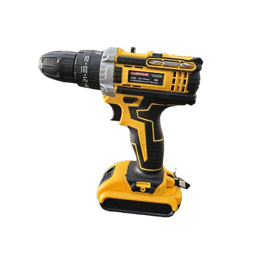 21V Cordless Hammering Drill 3/8″(10mm) in yellow and black for professional and DIY projects.