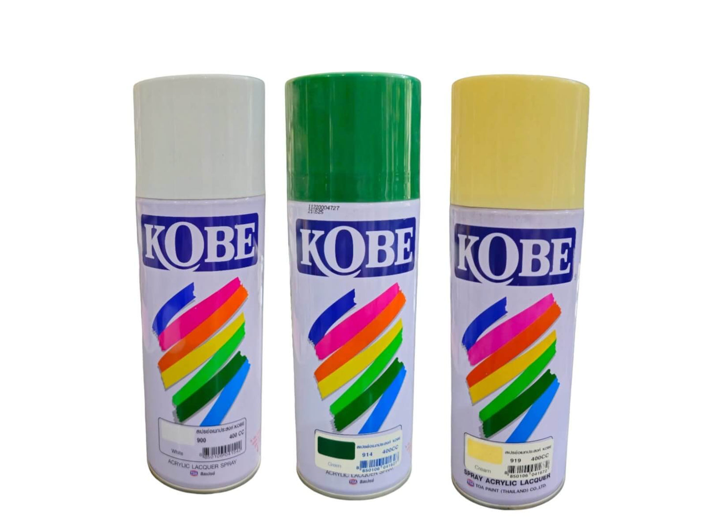KOBE SPRAY PAINT USE FOE ALL PURPOSE MADE IN THILAND cans in assorted colors, Thailand-made versatile maintenance solution for surfaces.