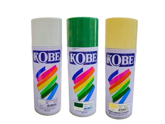 KOBE SPRAY PAINT USE FOE ALL PURPOSE MADE IN THILAND cans in assorted colors, Thailand-made versatile maintenance solution for surfaces.