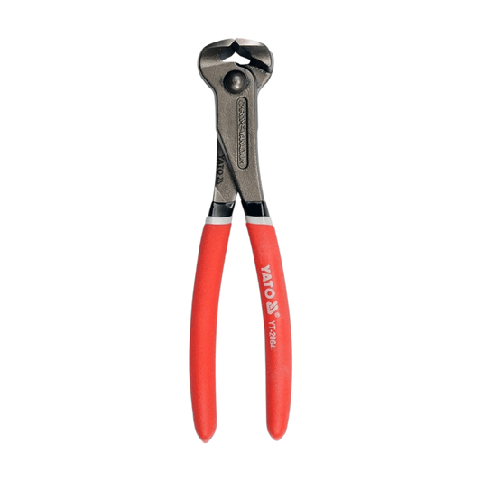 YT-2064 End Cutting Plier 8″ (YATO) with red handles for precision wire and nail cutting, made from durable hardened steel.