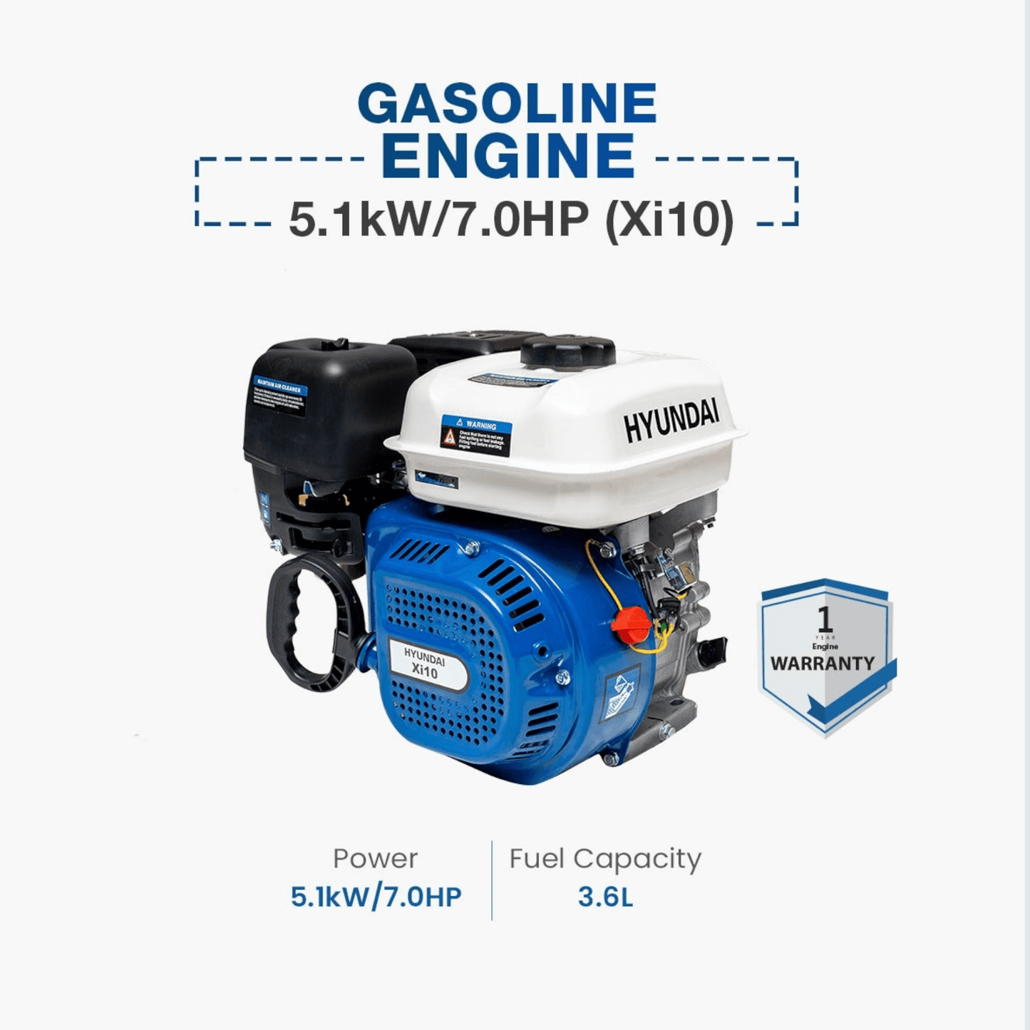 Hyundai Gasoline Engine 5.1KW (Xi-10) for industrial and agricultural use, featuring 5.1KW power and 3.6L fuel capacity.