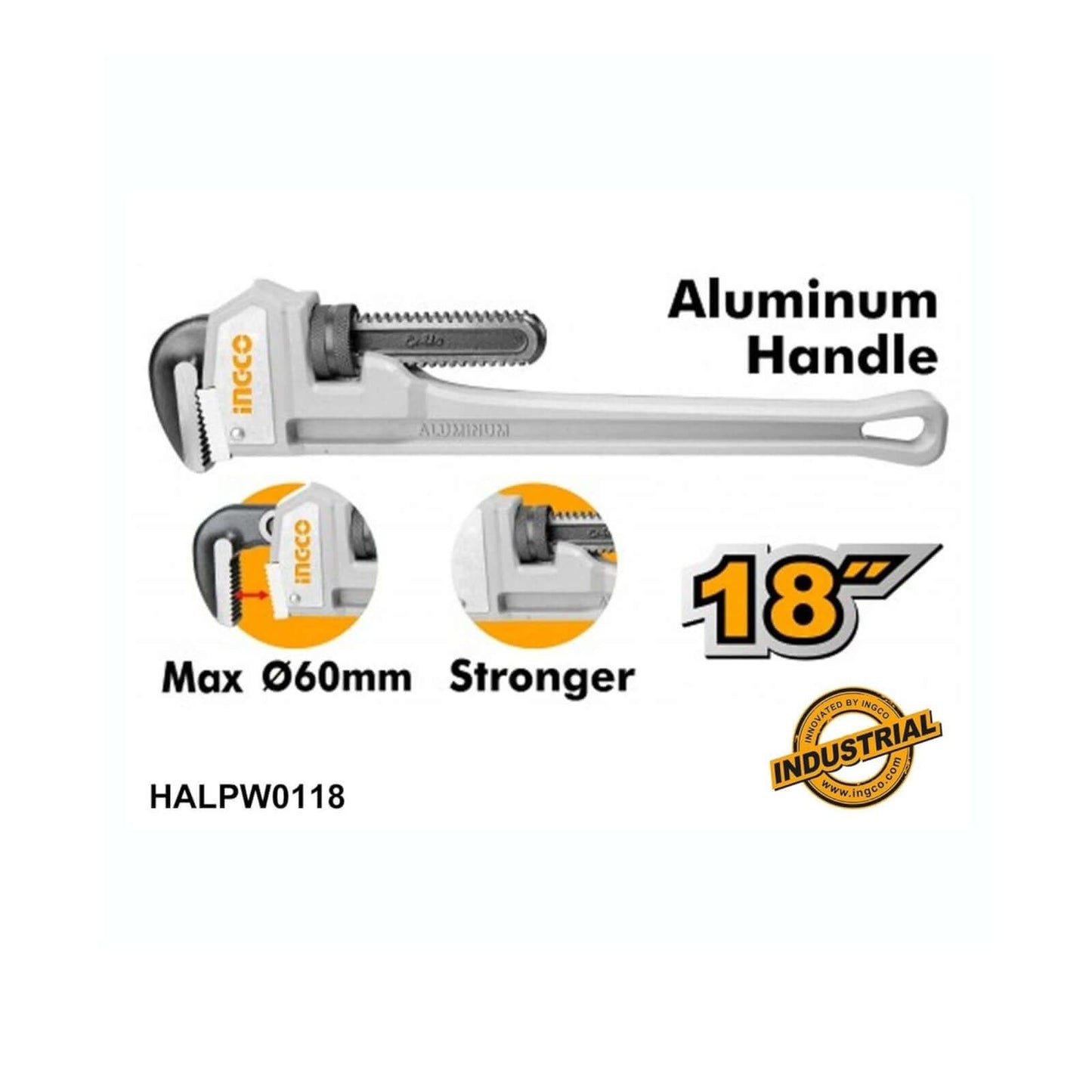 Aluminum Handle Pipe Wrench 18 HALPW0118 for professional and DIY plumbing, lightweight and robust with ergonomic design.