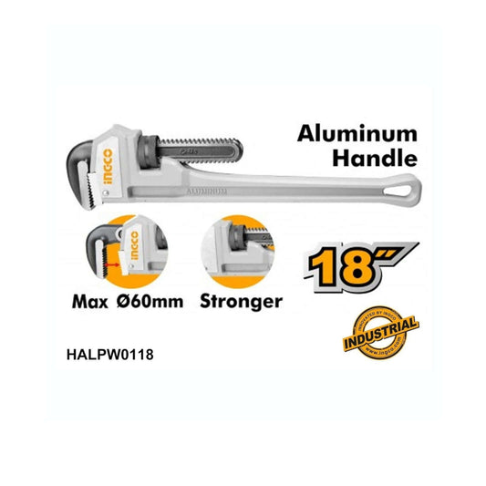 Aluminum Handle Pipe Wrench 18 HALPW0118 for professional and DIY plumbing, lightweight and robust with ergonomic design.