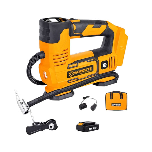 WORKSITE Tire Inflator Air Compressor Portable, 20V Cordless Tire Pump 150 PSI with Digital Pressure Gauge, Orange, Rechargeable Battery