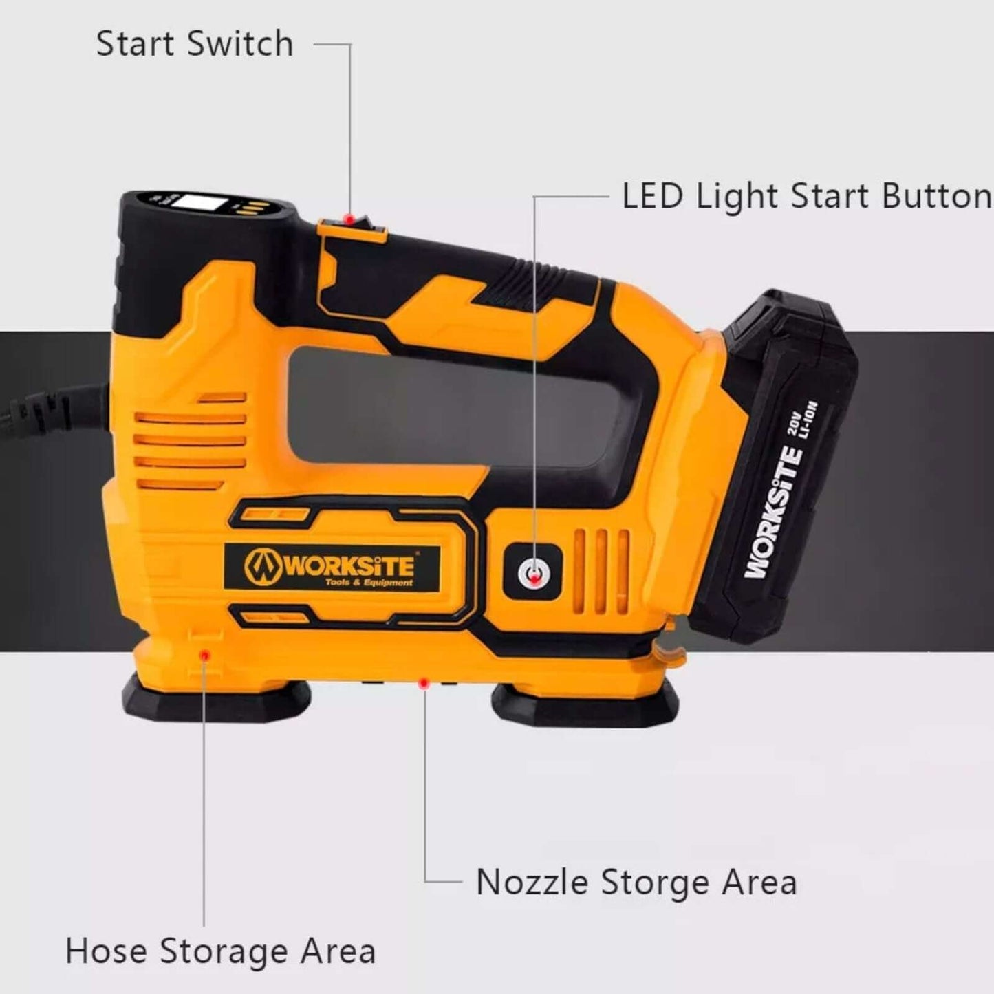 WORKSITE Tire Inflator Air Compressor Portable, 20V Cordless Tire Pump 150 PSI with Digital Pressure Gauge, Rechargeable Li-ion Battery